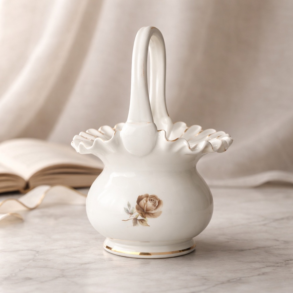 Fenton Hand Painted Rose Ruffle Basket White Glass Faded Gold Trim